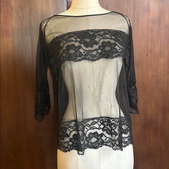 60’s Black Sheer Lace Middy Top Lingerie M - Picture 10 of 10